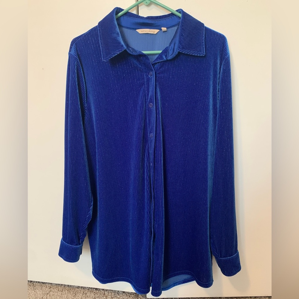 Soft Surroundings Royal Blue Micro-Ribbed Velvet Long-Sleeve Button-Down Shirt